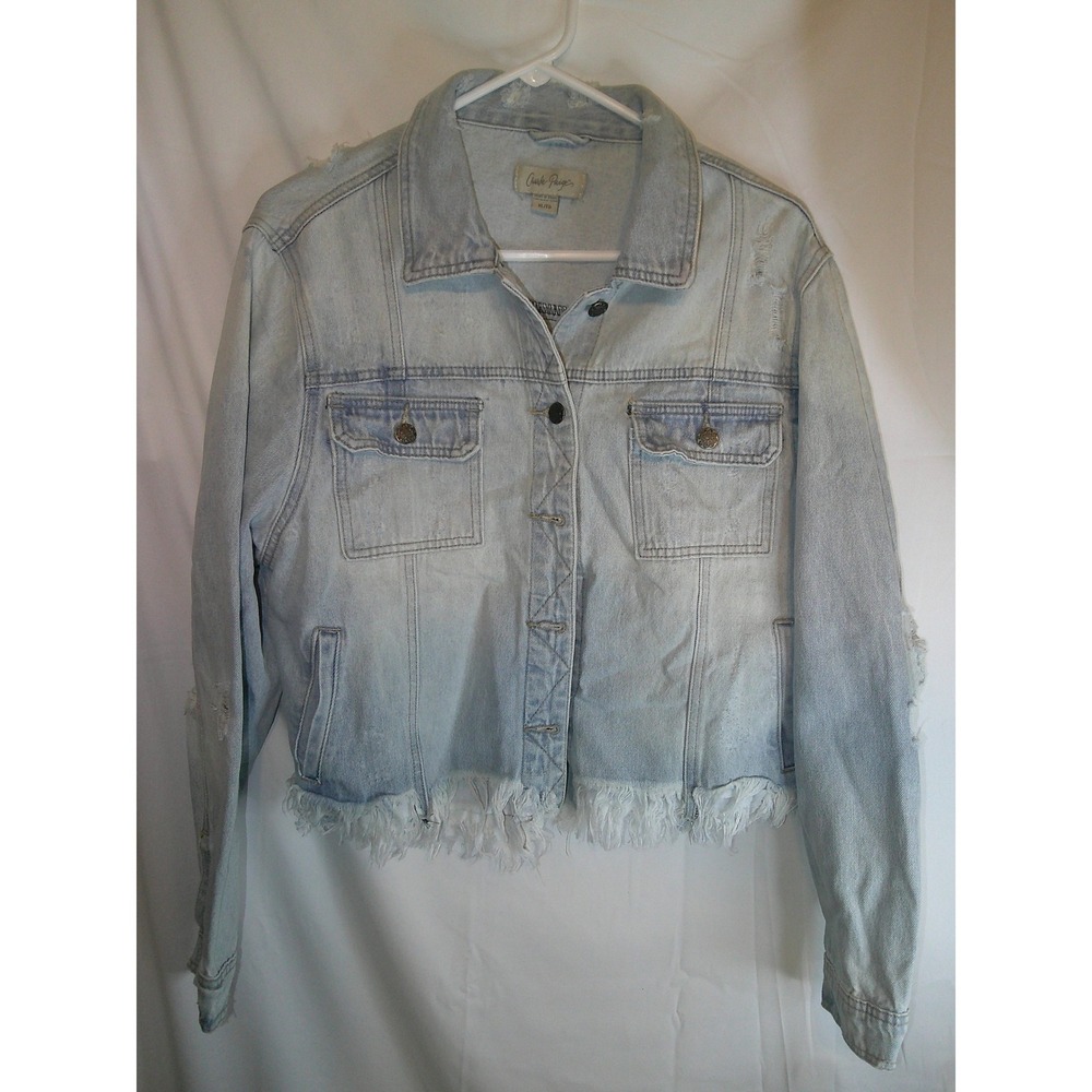 Charlie Paige Denim Jacket Distressed‎ Frayed Hem Light Wash Jean Jacket XL